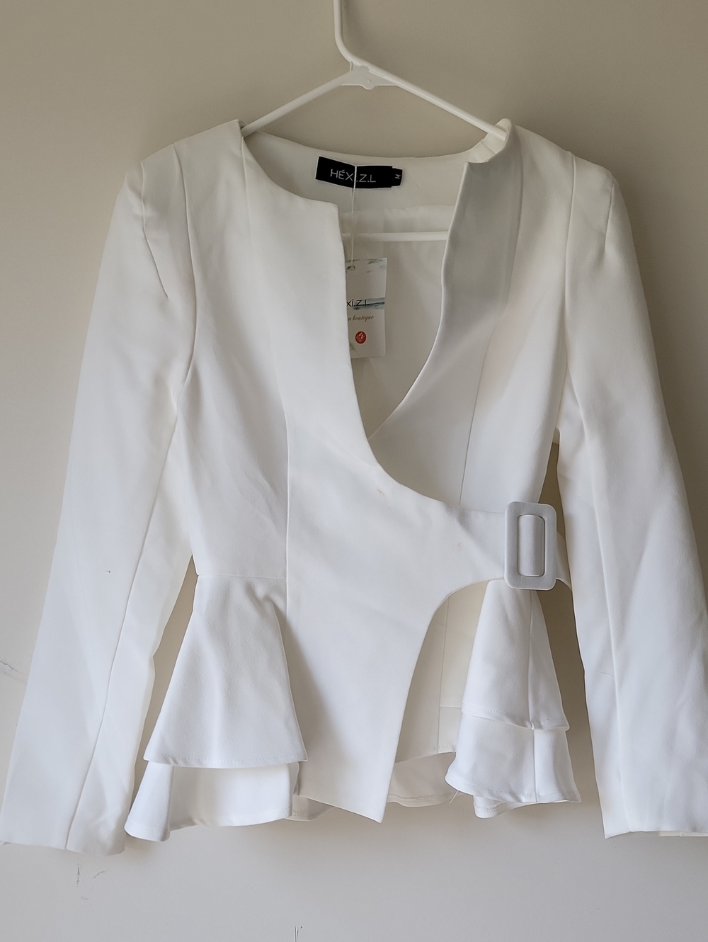 White Asymmetric Peplum Belted Blazer